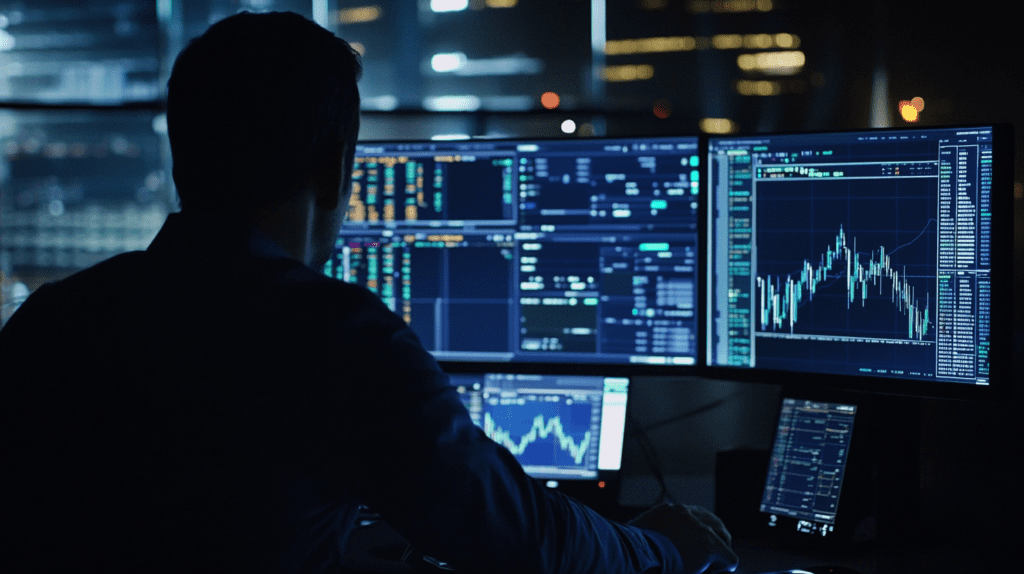 A crypto trader sat in front of screen trading crypto with Grids.